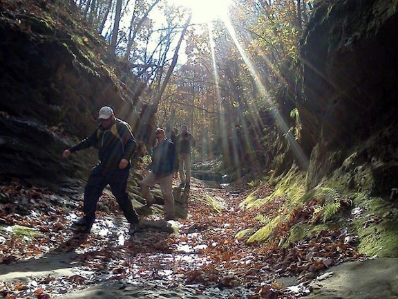 Beautiful deep sandstone canyon just half an hour from the college town of Carbondale (Southern Illinois University). Offers great hiking, interesting geology, and diverse biology.
Be cautious where you step, three venomous snakes are native to southern Illinois and this area in particular, including water moccasin, copperheads, and eastern timber rattlesnake. However, encounters are infrequent. No camping allowed nowadays, but back in the day it was a great place to spend the weekend.
http://www.fs.usda.gov/recarea/shawnee/recreation/hiking/recarea/?recid=27713&actid=50