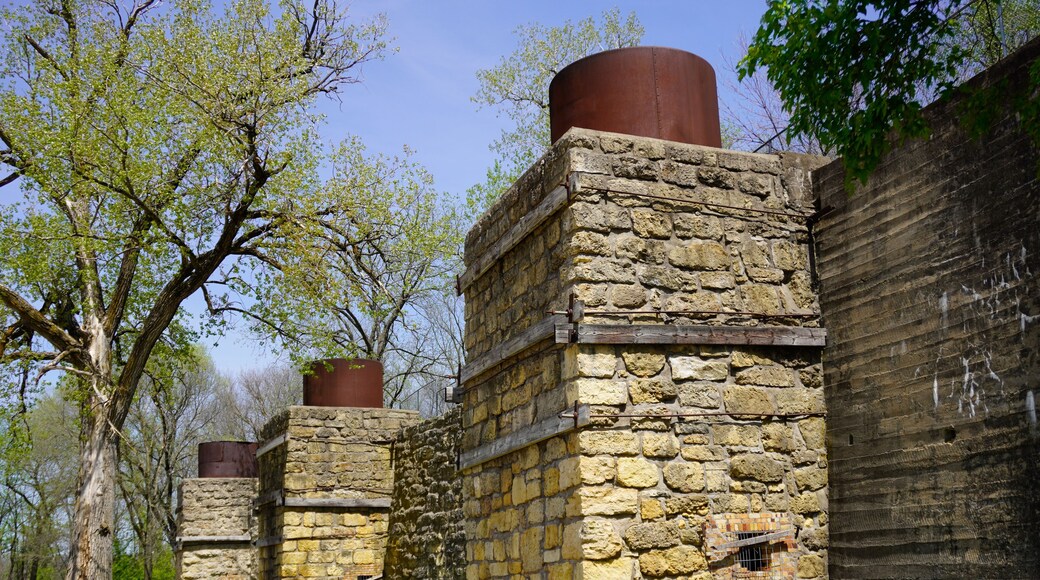 Hurstville Lime Kilns in Maquoketa, Iowa. Four kilns heated limestone rock mined from nearby quarries. Process formed lime mortar used in construction midwest buildings in 1870 - 1920s.