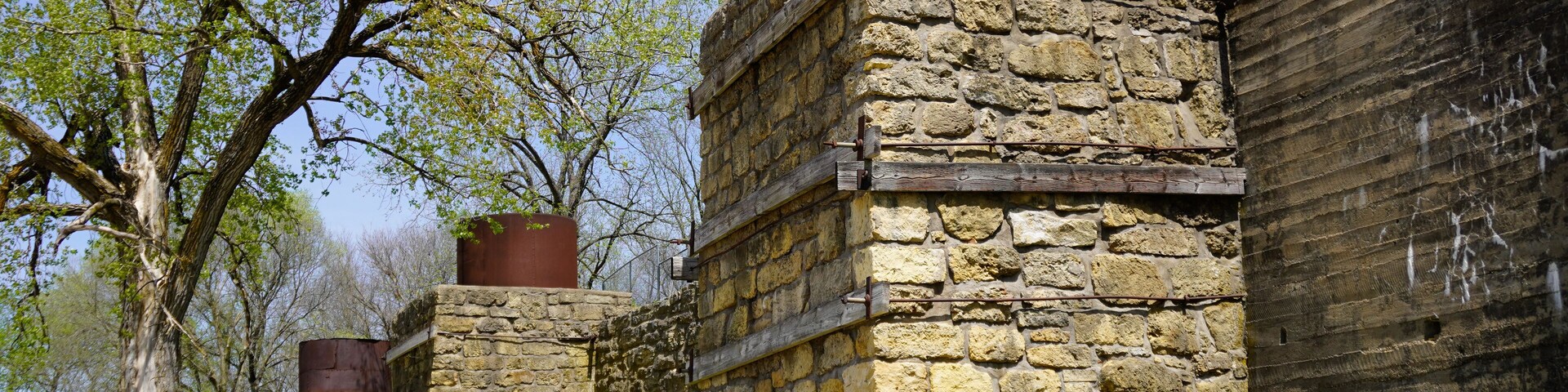 Hurstville Lime Kilns in Maquoketa, Iowa. Four kilns heated limestone rock mined from nearby quarries. Process formed lime mortar used in construction midwest buildings in 1870 - 1920s.