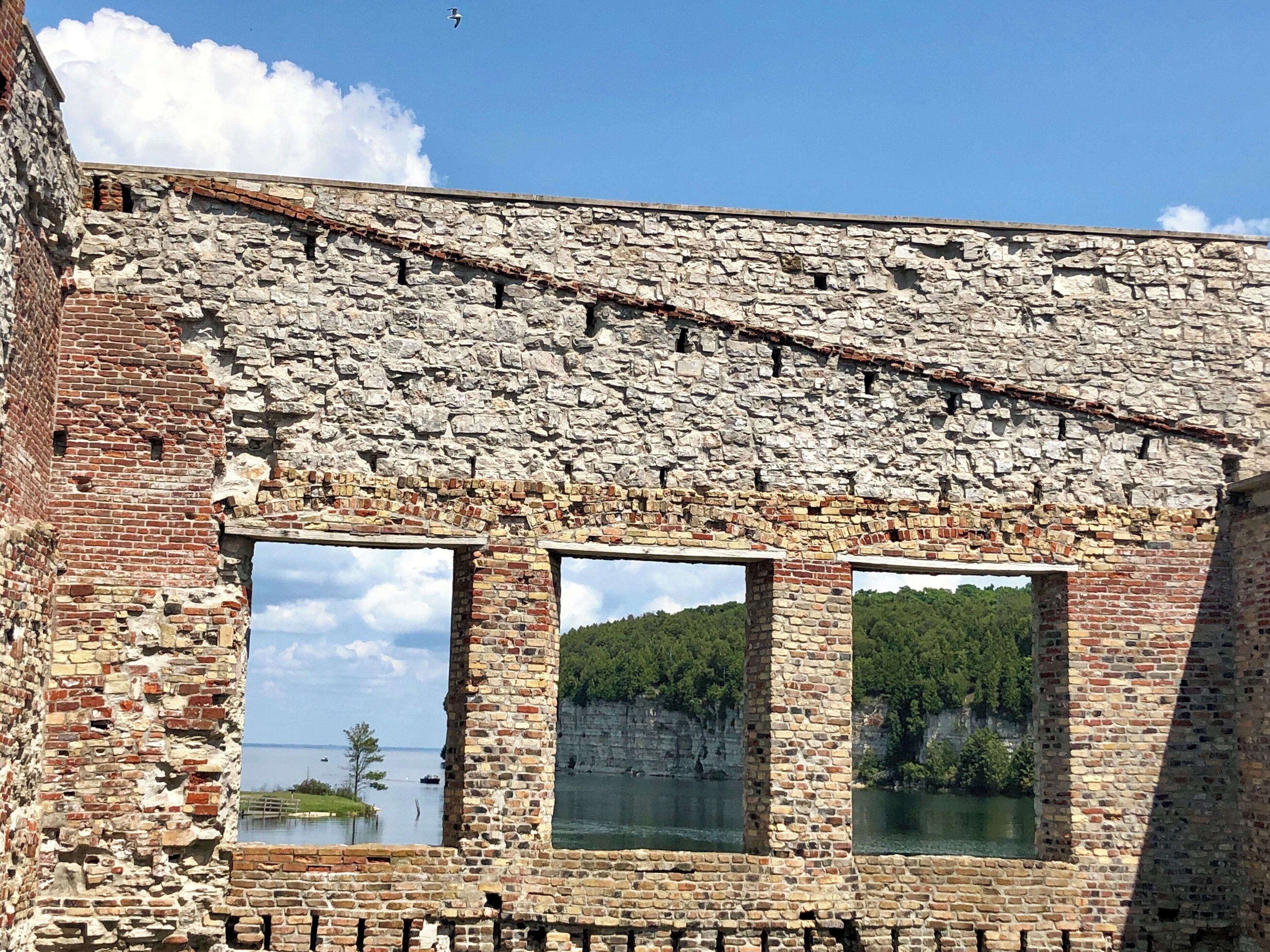 Looking through the windows of the company store out towards the bay.