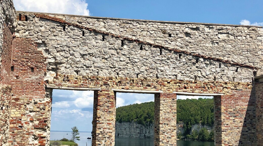 Looking through the windows of the company store out towards the bay.