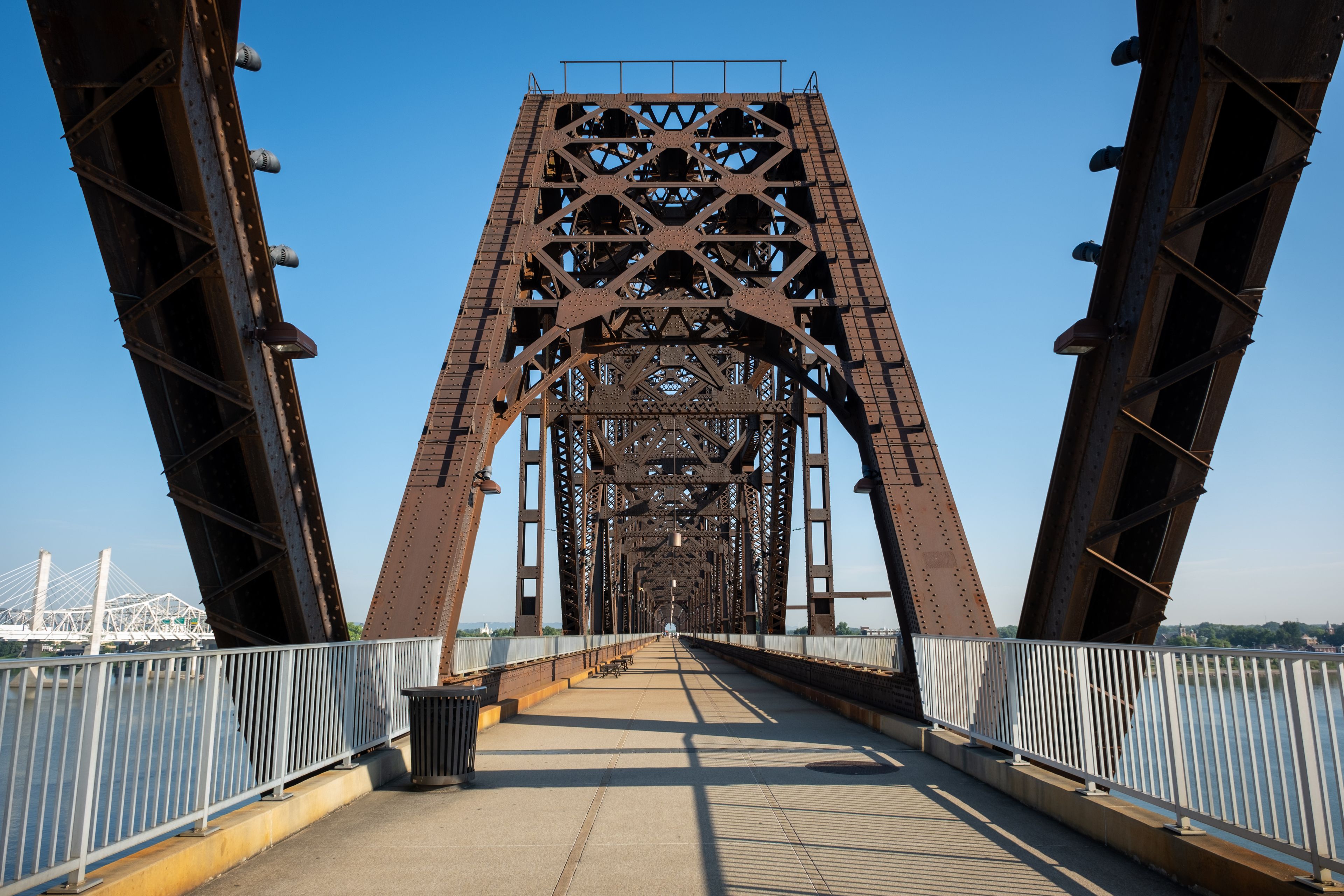 A large metal bridge with a complex truss structure.