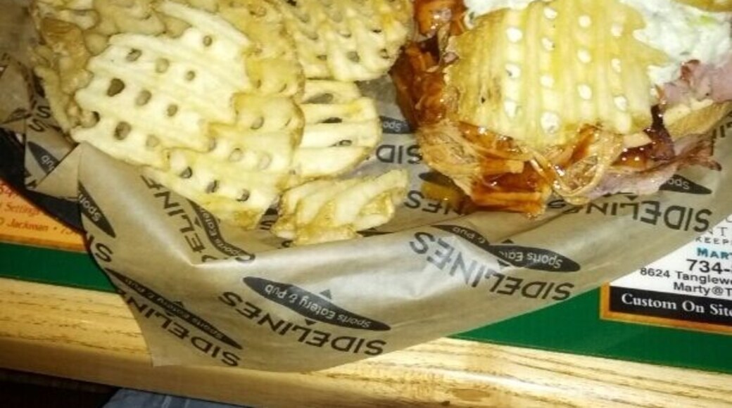 Behold, the Porkzilla! Grilled ham, bacon, pulled pork, barbeque sauce, coleslaw and waffle fries on a kaiser roll!