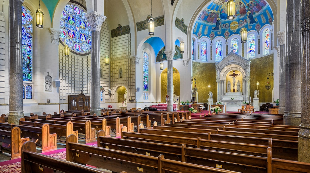 A church interior with wooden pews, stained glass windows, and ornate ceiling decorations.