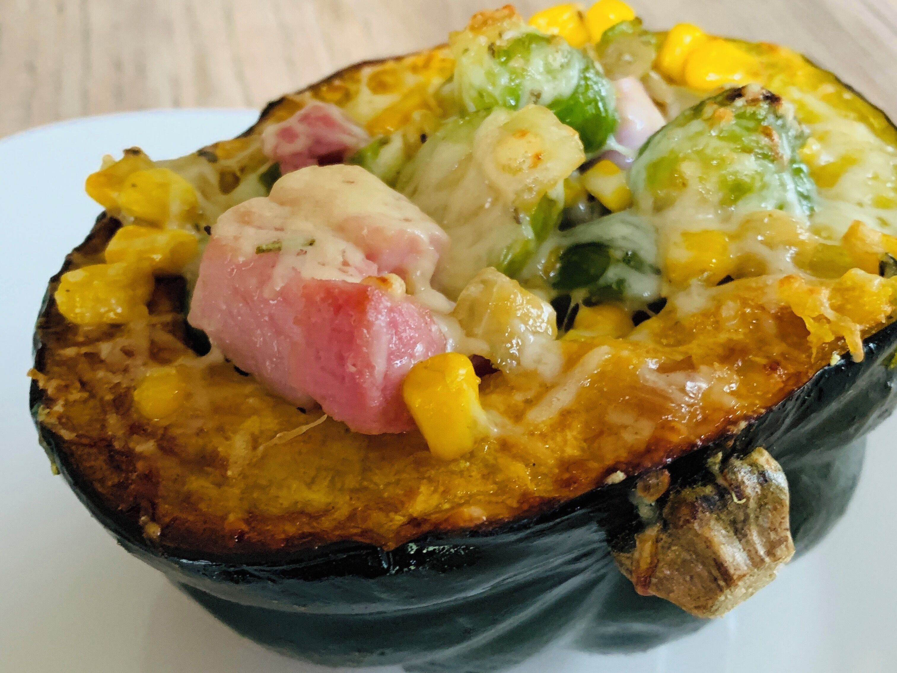 There is something about fall that shouts, "comfort food!" This is a Acorn Squash from a local farm that I stuffed with ham, Brussel Sprouts, and corn and than topped off with cheese. #comfortfood #trovember