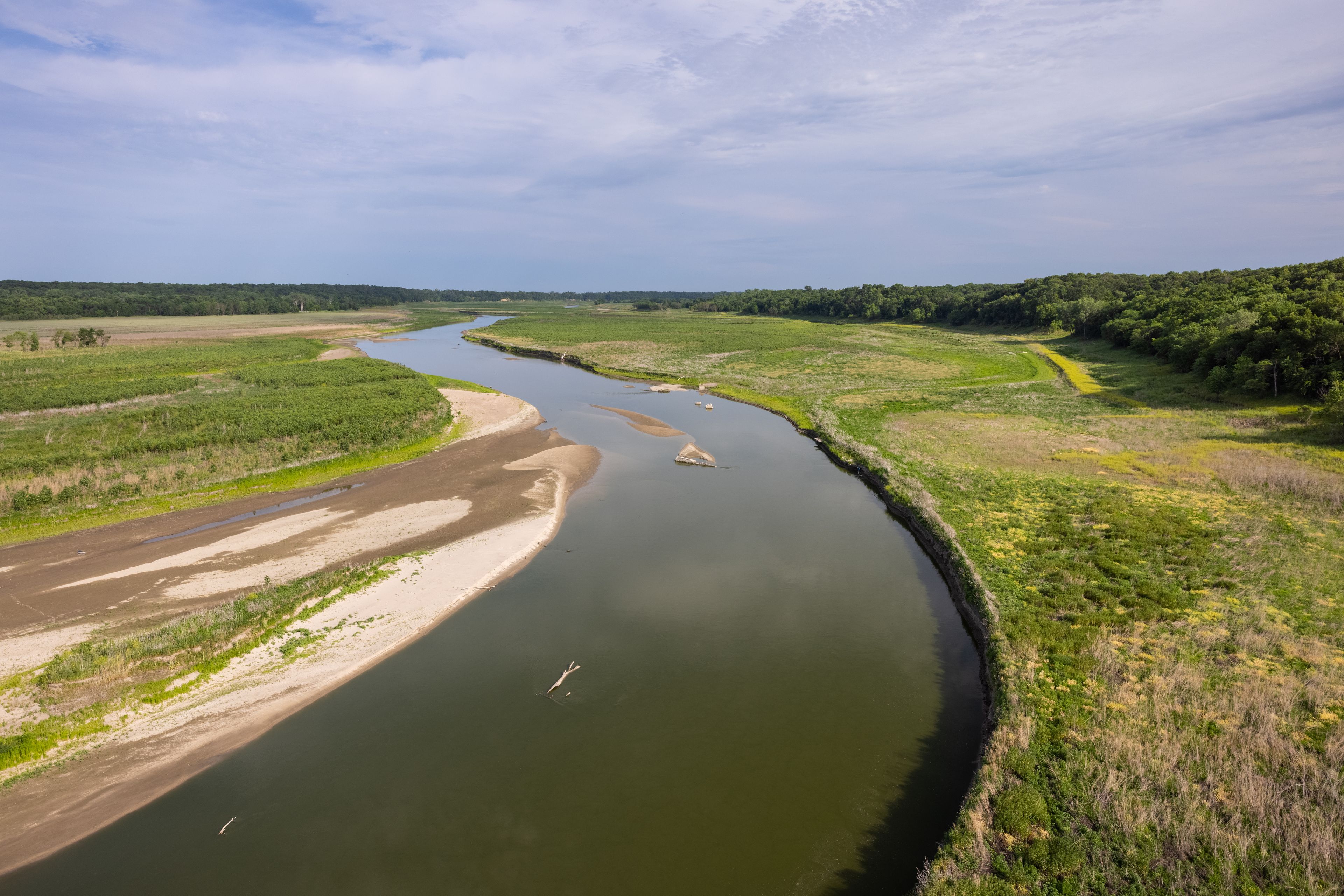 Une rivière serpente à travers un paysage composé de champs verdoyants et, au loin, d’une zone boisée.