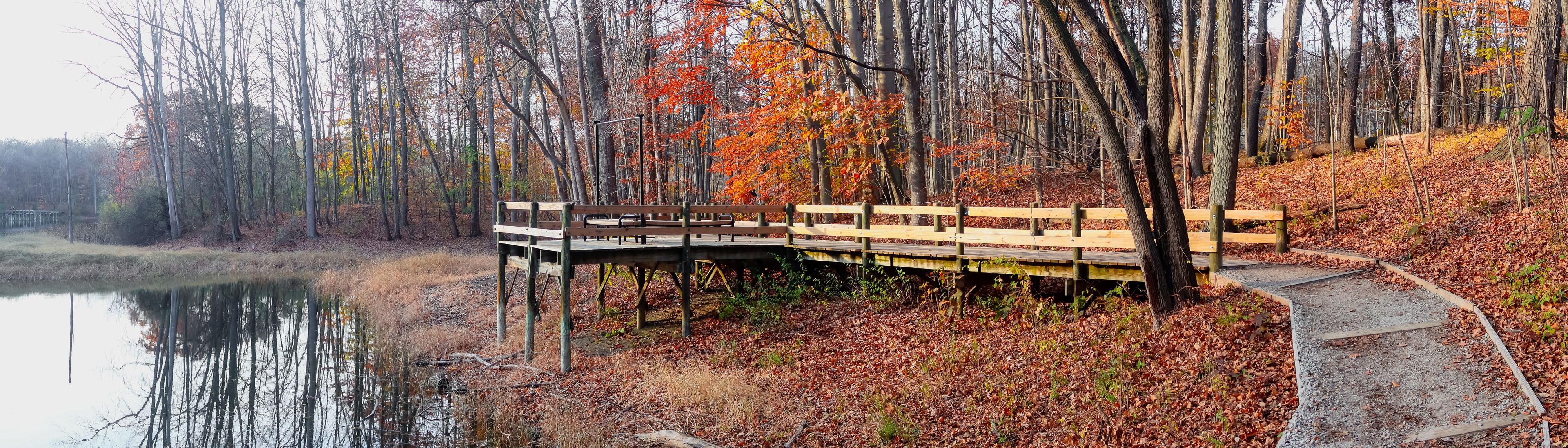 Panoramic view of scenic boardwalk trail along lake in Michigan countryside during late autumn time.