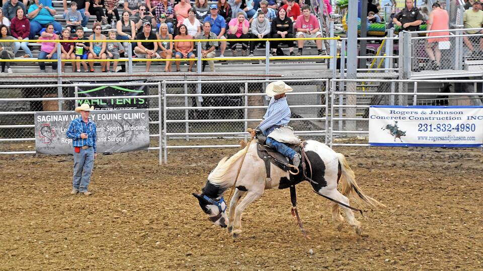 A rodeo event with a rider on a bucking horse, spectators, and a sign for Saginaw Valley Equine Clinic.