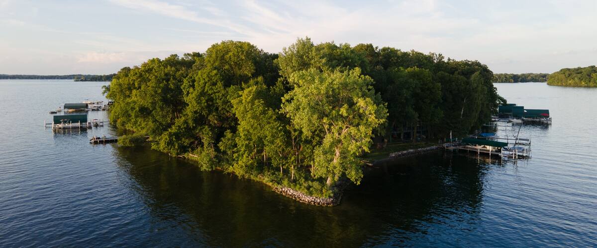 Forest-Covered Island in Lake Minnetonka: Aerial View on a Serene Summer Day