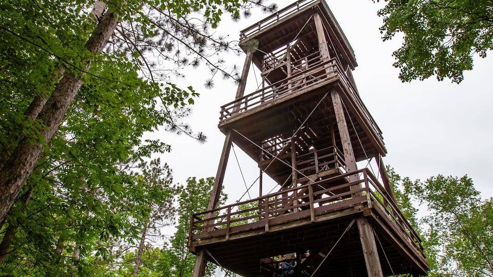 A wooden observation tower in a forest.