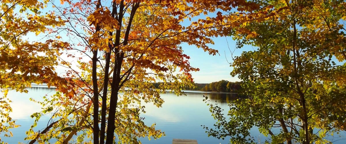 Une jetée en bois s’avançant dans un lac paisible, entourée d’arbres aux feuilles d’automne.