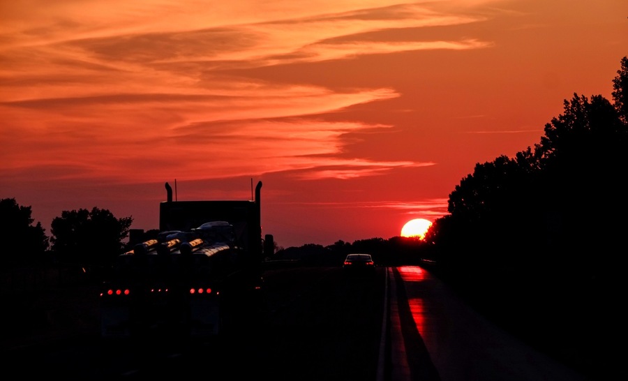 Sunset along Route 80 near the Iowa and Illinois border.