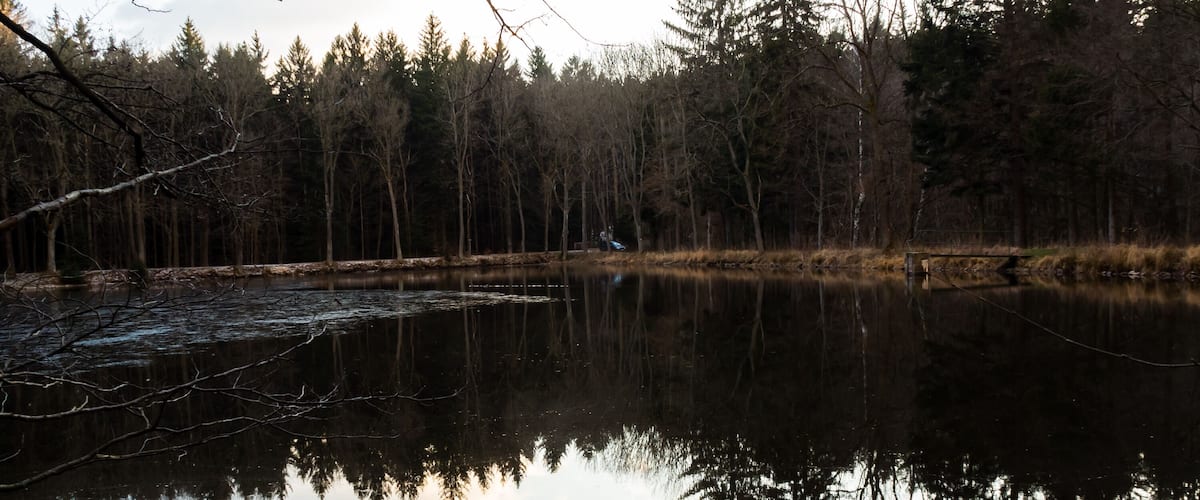 A calm lake surrounded by trees reflecting the sky.