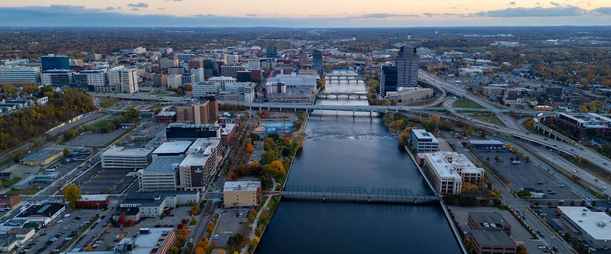 Aerial view over Grand Rapids Michigan and Grand River