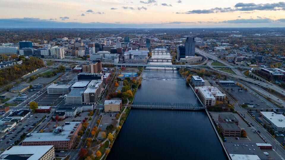 Aerial view over Grand Rapids Michigan and Grand River