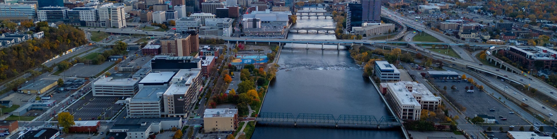Aerial view over Grand Rapids Michigan and Grand River