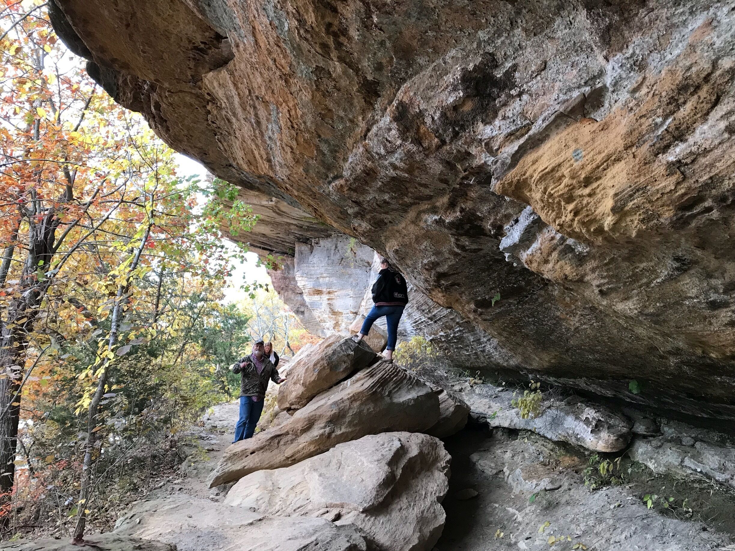A person climbing a large rock formation surrounded by autumn foliage.