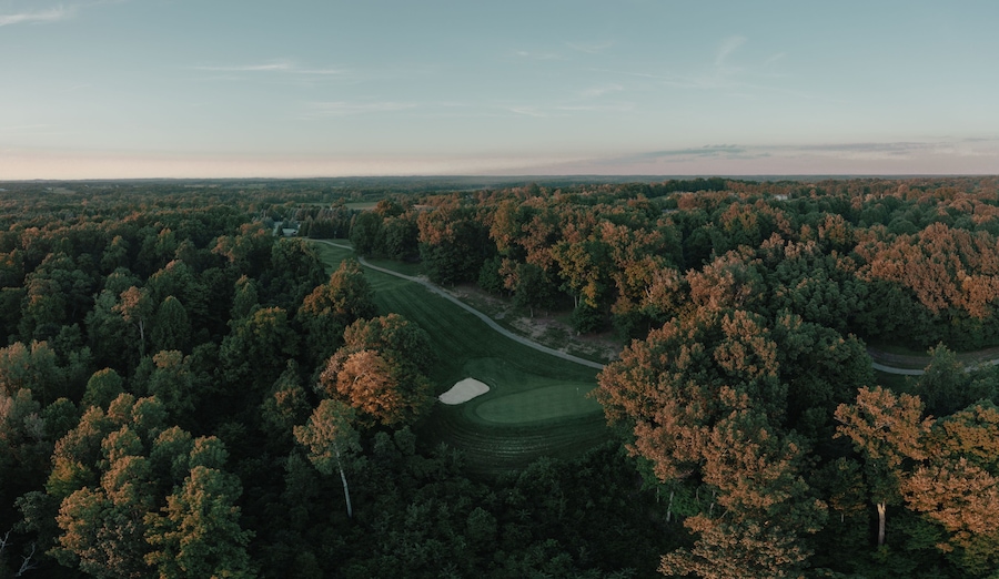 Aerial view of a green rural golf course in Otsego, Michigan