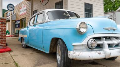 Route 66 - Williamsville, IL: 1930s service station, complete with vintage pumps and signage.