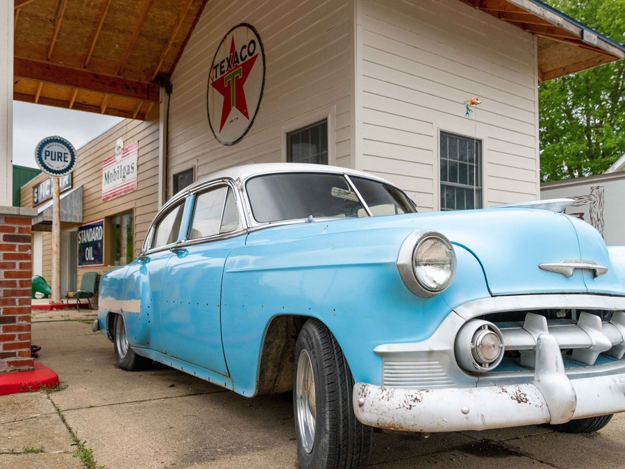 Route 66 - Williamsville, IL:  1930s service station, complete with vintage pumps and signage.