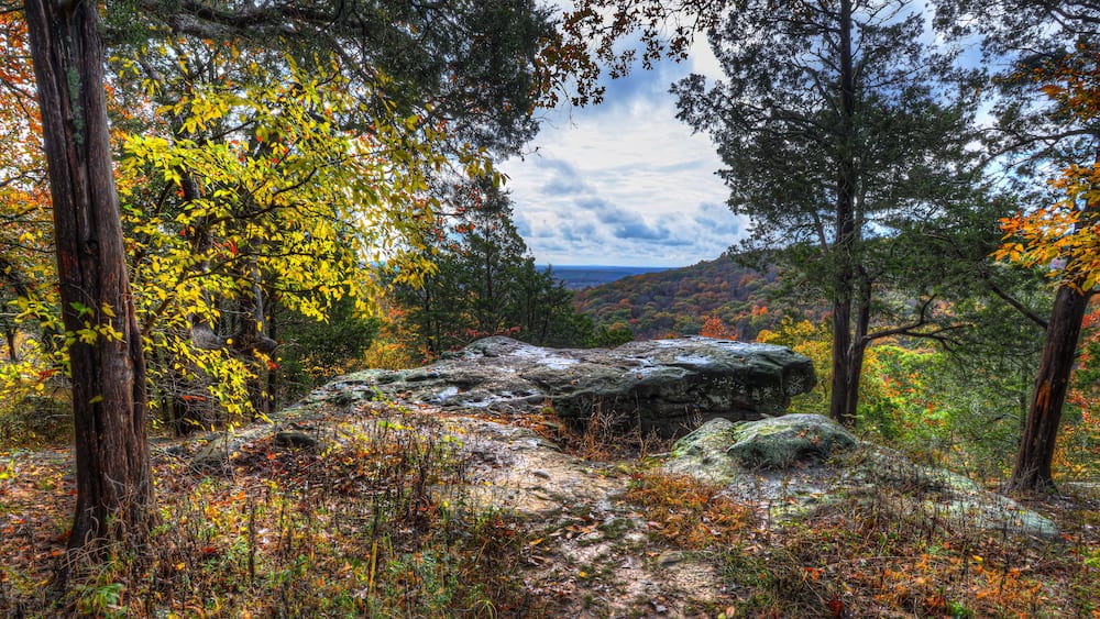A rocky outcrop surrounded by autumn foliage in a forested area.