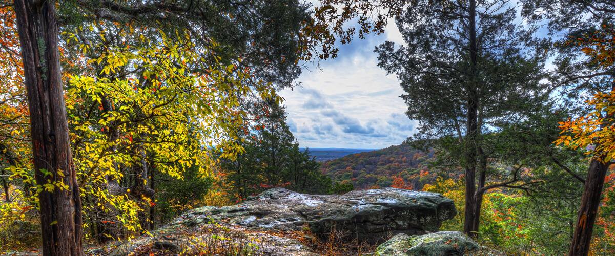 A rocky outcrop surrounded by autumn foliage in a forested area.