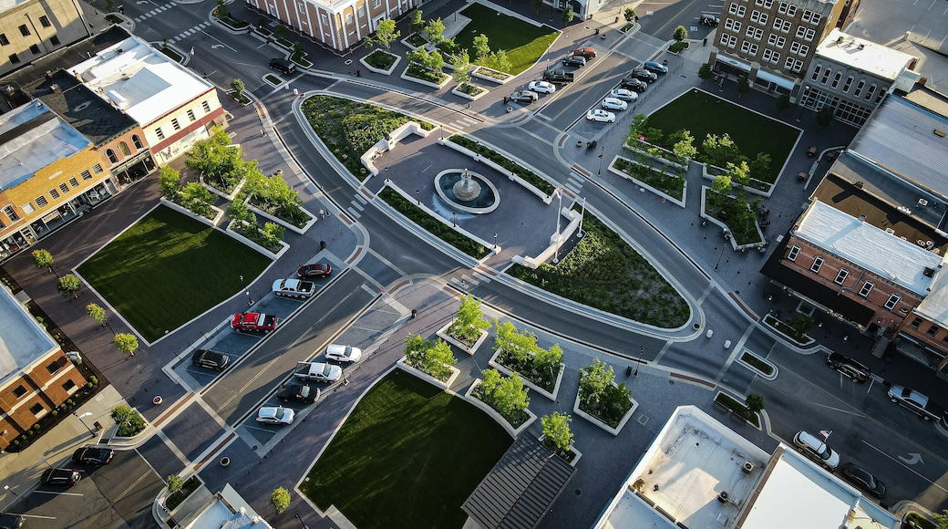 Aerial view of downtown Shelbyville, Indiana during a beautiful sunset
