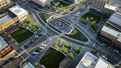 Aerial view of downtown Shelbyville, Indiana during a beautiful sunset