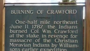 On June 11th 1782, Colonel William Crawford was tortured and burned at the stake by American Indians as a revenge tactic for the Gnadenhutten Massacre, where 96 American Indians were killed by American militia from Pennsylvania. This tiny roadside park has a small monument and two picnic pavilions, because nothing says family picnicking like vengeance fueled human sacrifice...