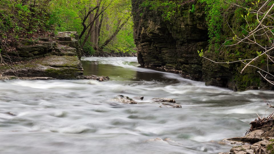 A river flowing through a rocky gorge with lush green vegetation.