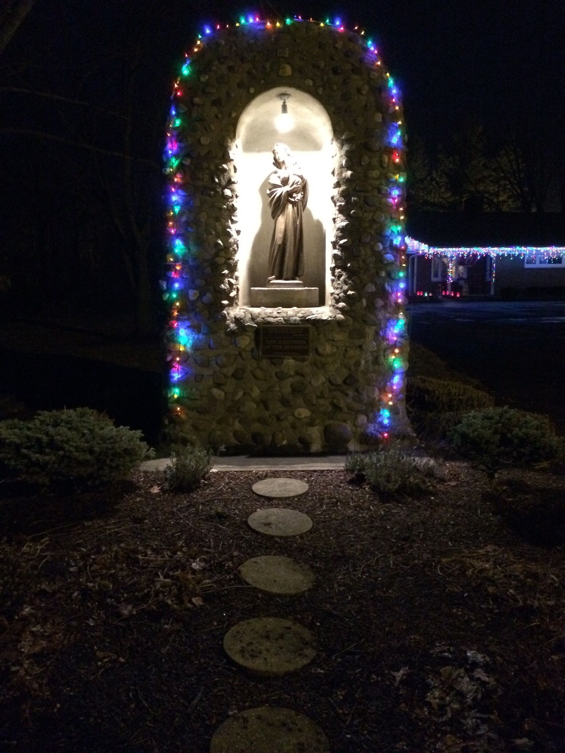 Marian grotto at the Church of the Transfiguration around Christmastime.