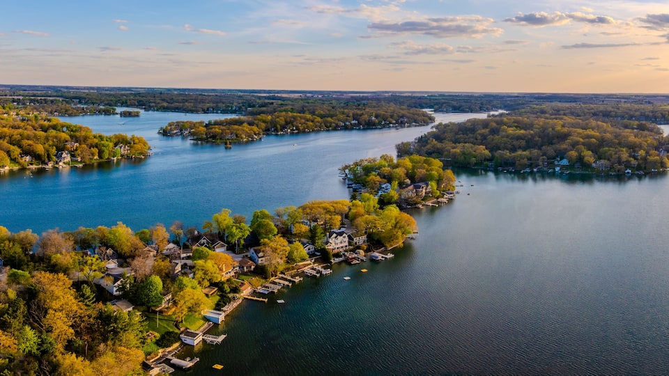 Aerial Panoramic Drone View of Lauderdale Lakes in Elkhorn Wisconsin During Golden Hour