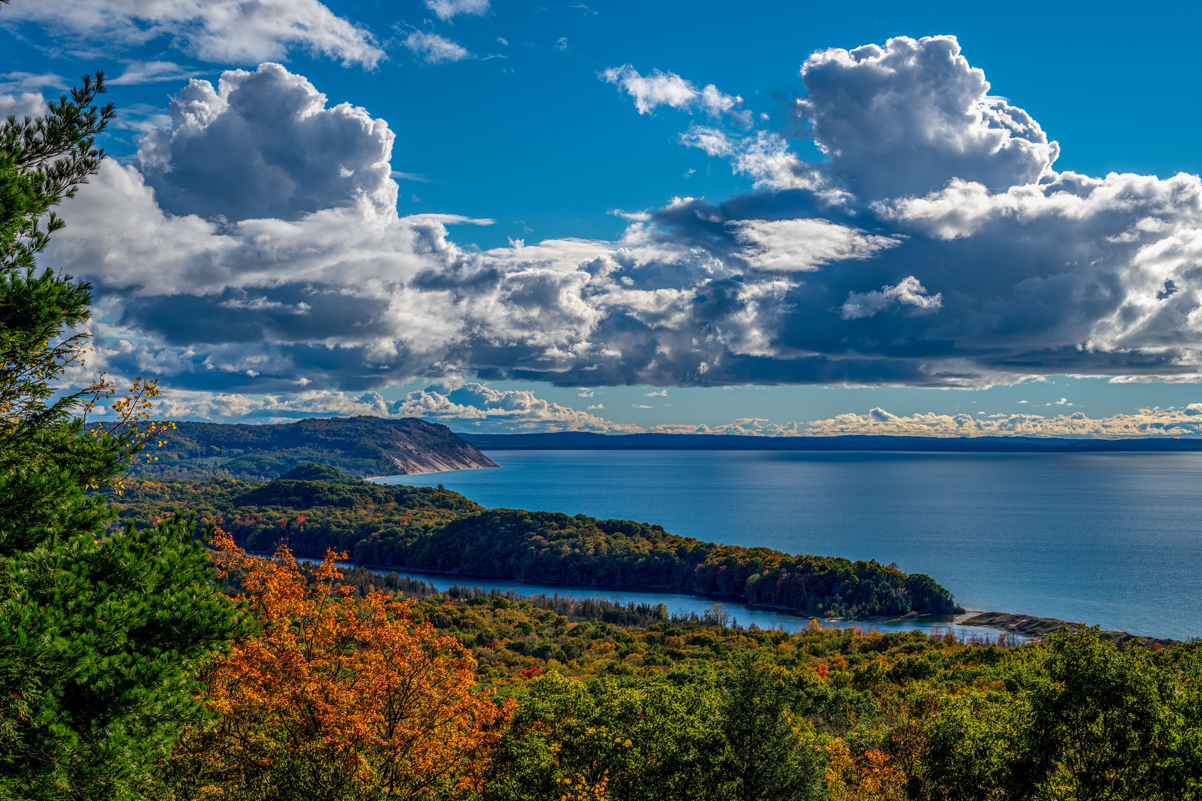 A coastal landscape with a large body of water, dense forest, and prominent cloud formations.