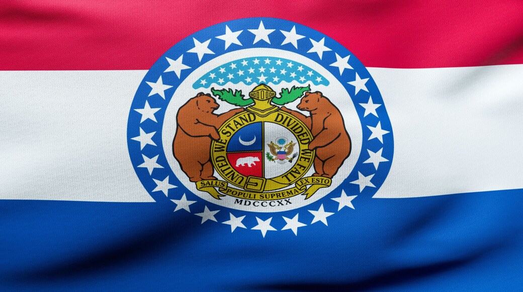 A flag with a circular emblem featuring two bears, a crescent moon, and stars.