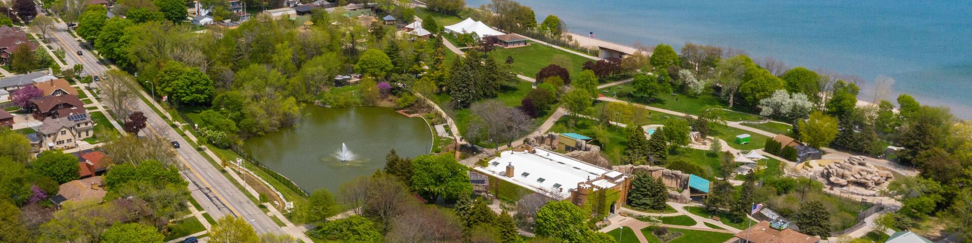 Racine, WI USA - May 18 14 , 2023: Aerial view of the Racine Zoo located on the shores of Lake Michigan in Racine Wisconsin
