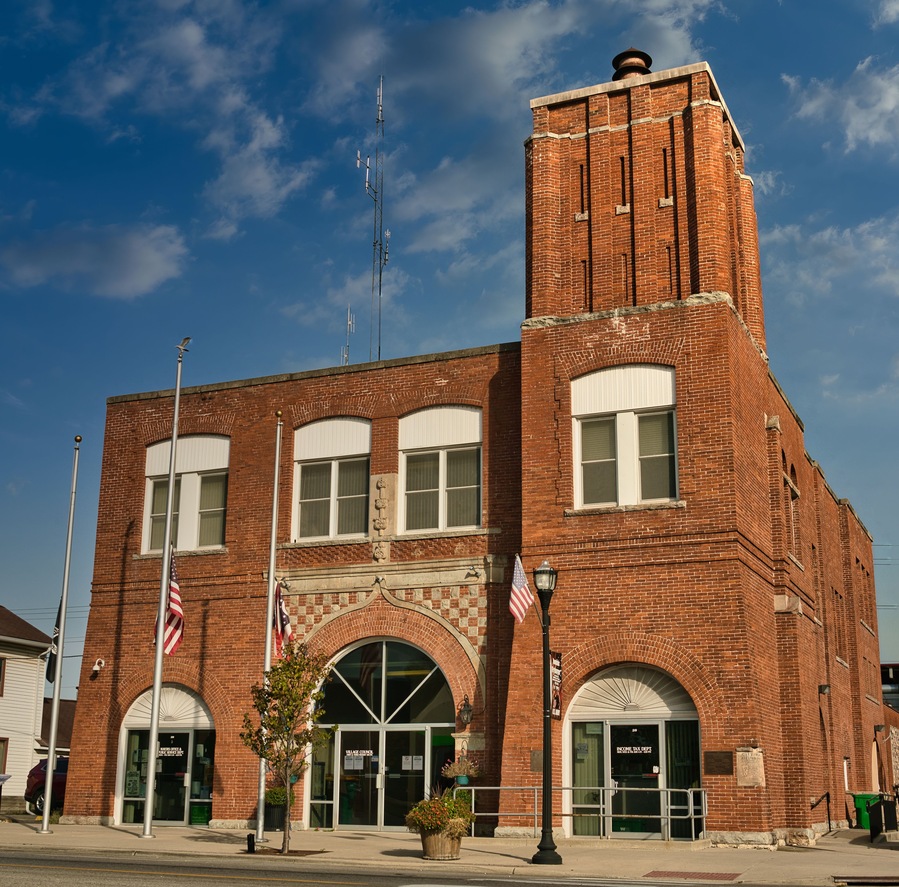 City ( Village) Hall of West Jefferson Ohio. USA 2025 Was originally called New Hampton.