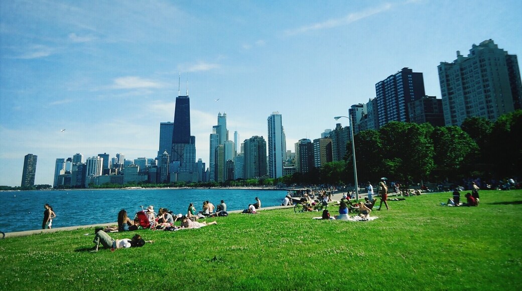 People relaxing by Lake Michigan in summer, city skyline in background