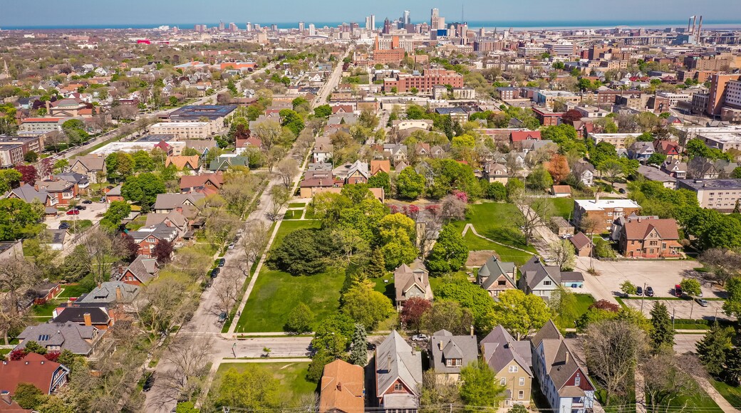 Milwaukee, WI / USA - May 20, 2020: Aerial view of Milwaukee, Wisconsin looking east towards Downtown from approximately the 3200 block of West State Street.