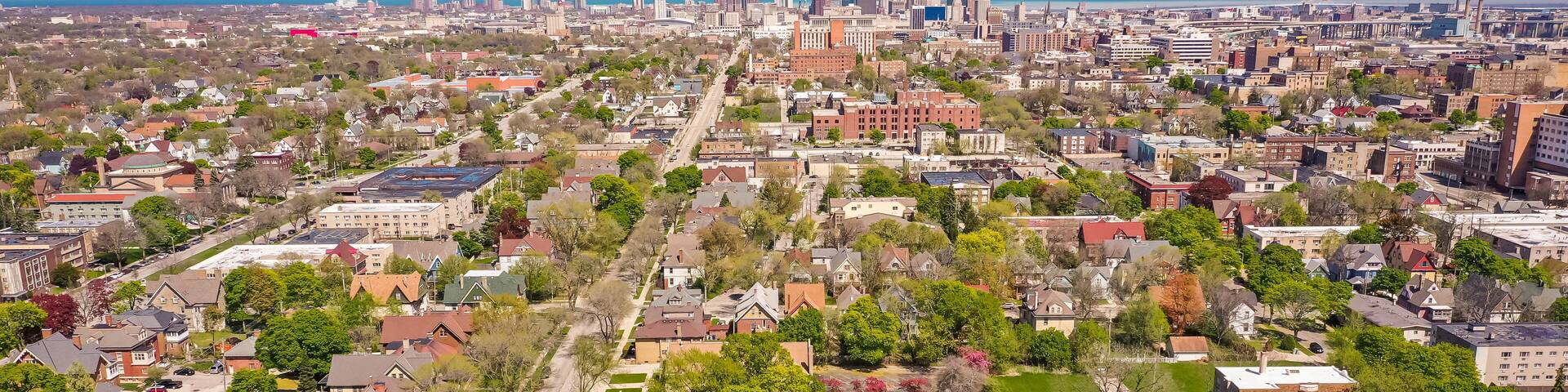 Milwaukee, WI / USA - May 20, 2020: Aerial view of Milwaukee, Wisconsin looking east towards Downtown from approximately the 3200 block of West State Street.