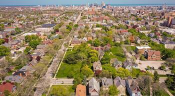 Milwaukee, WI / USA - May 20, 2020: Aerial view of Milwaukee, Wisconsin looking east towards Downtown from approximately the 3200 block of West State Street.