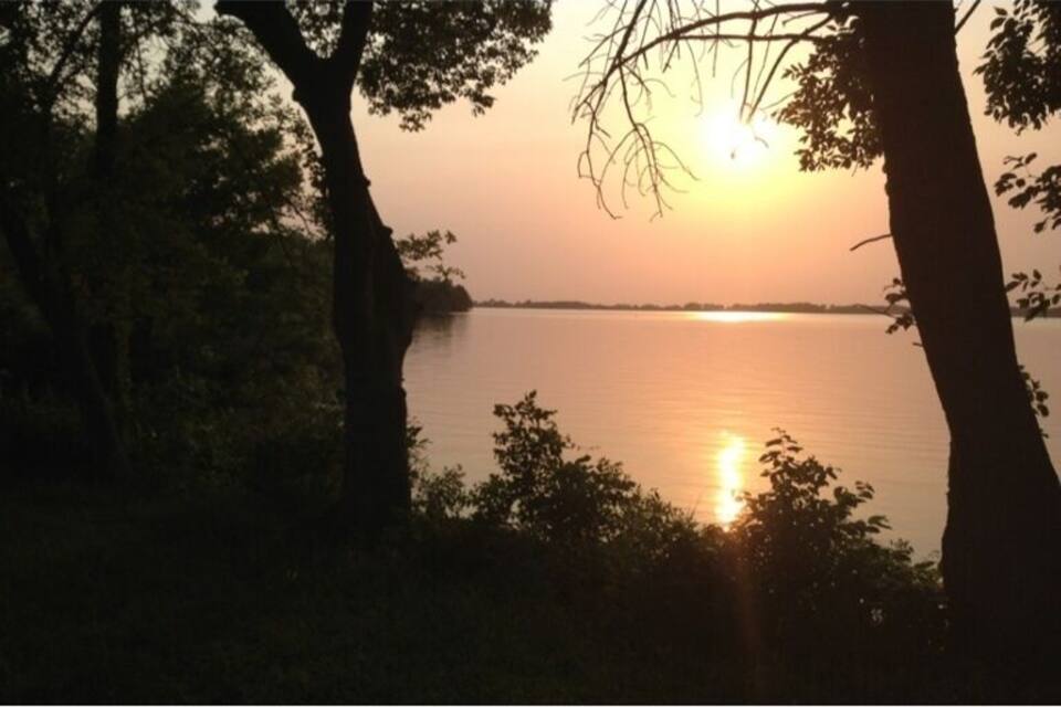 A sunset over a calm body of water with trees silhouetted against the sky.