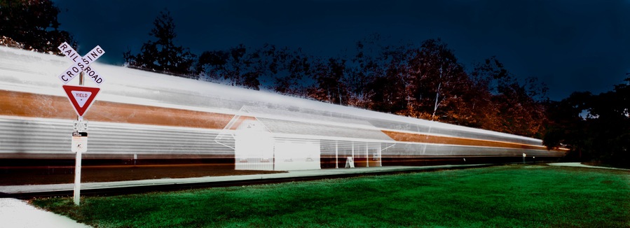 Cuyahoga Valley Scenic Railroad Train Travelling through Brecksville Station at Night in the Cuyahoga Valley National Park