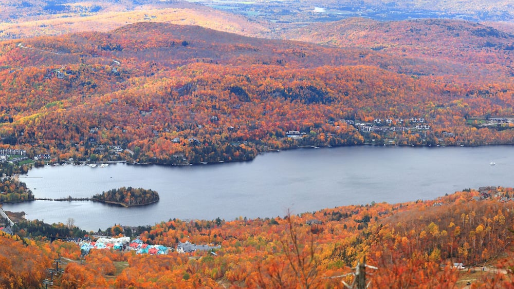 MONT TREMBLANT, QUEBEC -12 OCTOBER 2019- Aerial view of Mont Tremblant village and Lac Tremblant, is four season holiday destination.