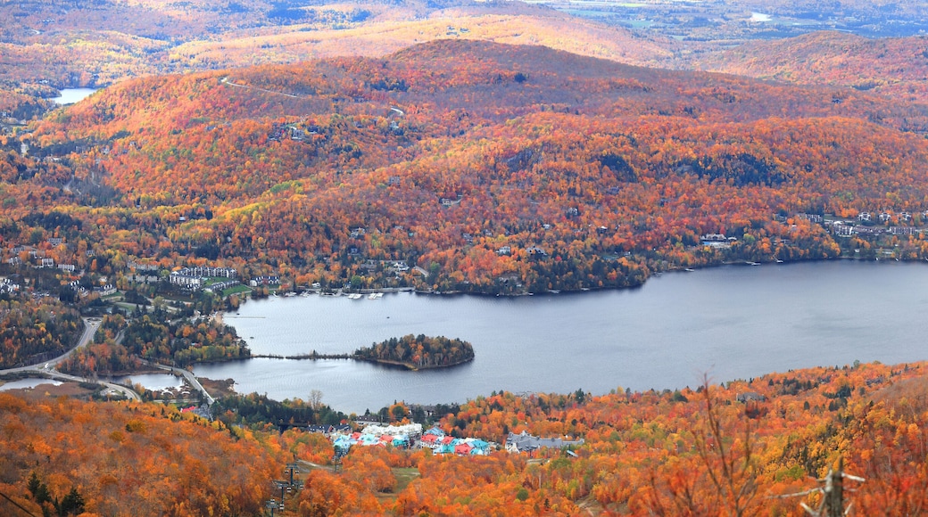 MONT TREMBLANT, QUEBEC -12 OCTOBER 2019- Aerial view of Mont Tremblant village and Lac Tremblant, is four season holiday destination.