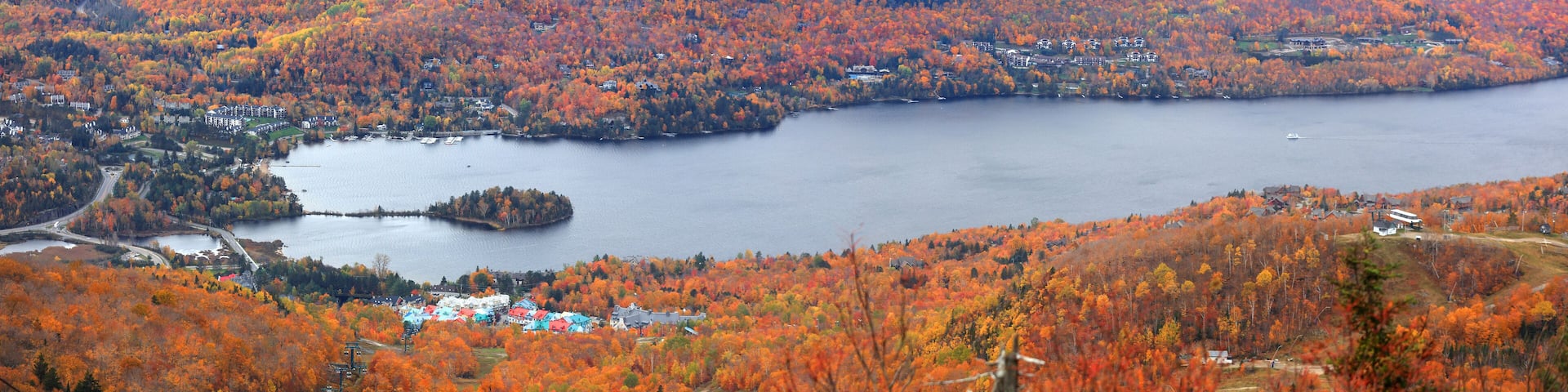 MONT TREMBLANT, QUEBEC -12 OCTOBER 2019- Aerial view of Mont Tremblant village and Lac Tremblant, is four season holiday destination.