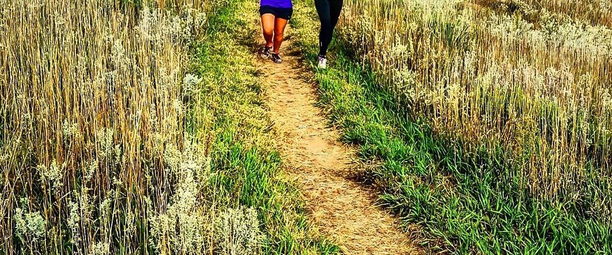 Two people running on a dirt path through a field with tall grass and a clear sky.
