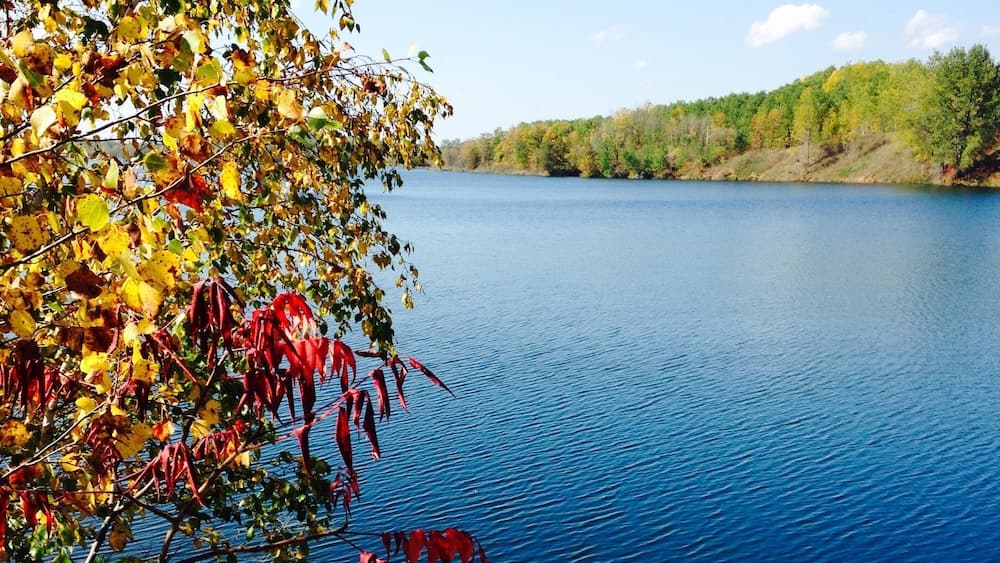 A calm lake surrounded by autumn foliage.