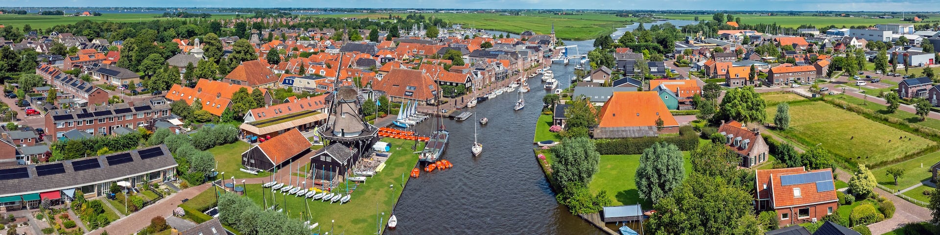 Aerial panorama from the touristic watersport town Woudsend in Friesland the Netherlands