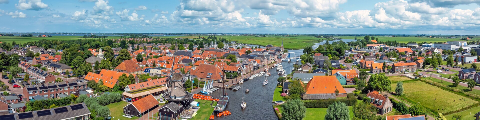 Aerial panorama from the touristic watersport town Woudsend in Friesland the Netherlands