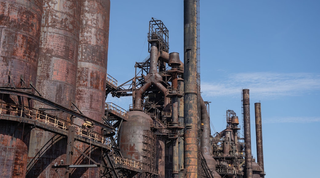 Bethlehem Steel Stacks standing tall against a bright blue sky, capturing America’s industrial past